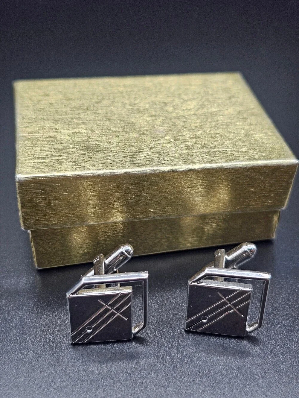 Vintage Silver Tone Geometric Square Cufflinks with Black Detailing